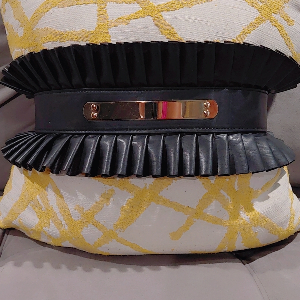 BeBe Black Ruffled Belt with Gold Accent